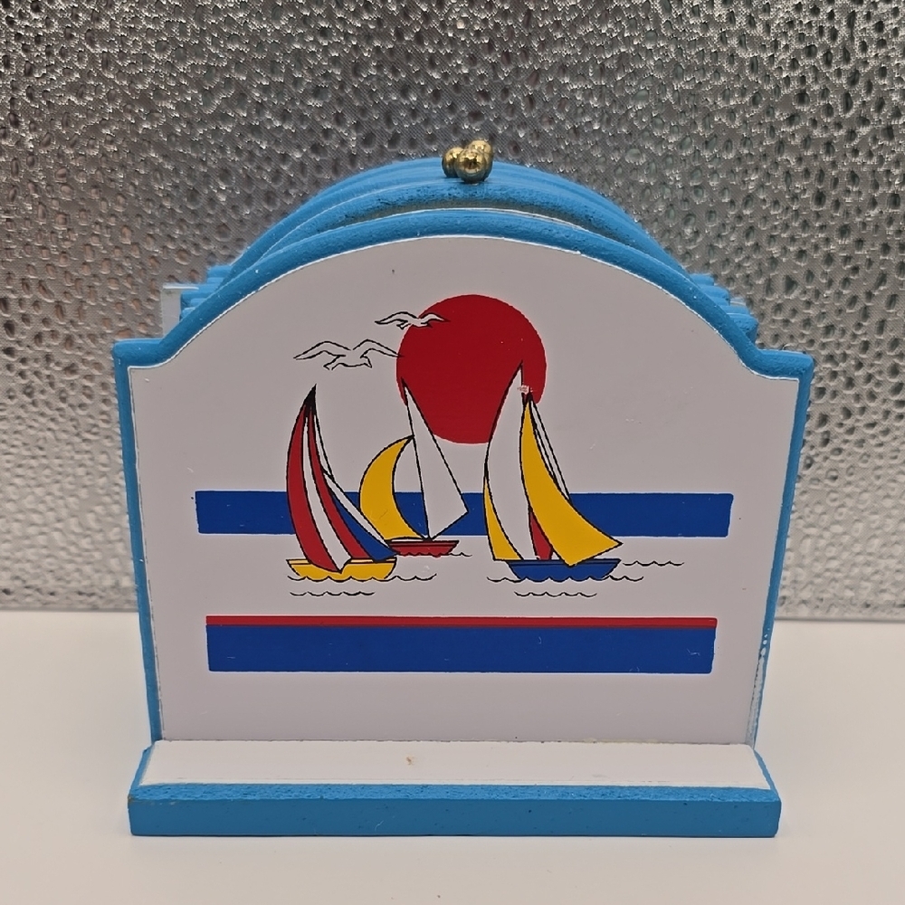 Nautical Blue and White Sailboat Coaster Set Decor